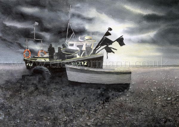 First Light Fishing Boat on the beach at Aldeburgh Suffolk by Suffolk watercolour artist Eleanor Mann on Bockingford 140lb NOT paper by St Cuthbert's Mill, England