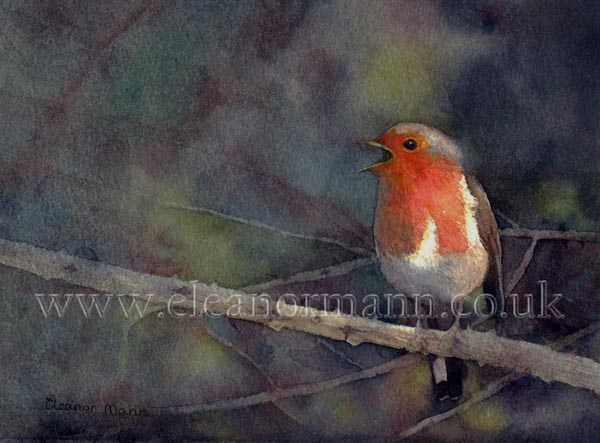 Original watercolour painting of a Robin red-breast sitting on a bramble byEnglish artist Eleanor Mann
