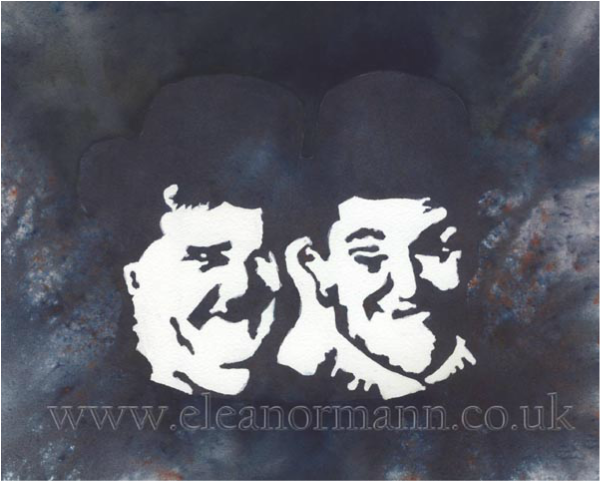 a watercolour painting of Stan Laurel and Oliver Hardy - painted by artist, Eleanor Mann