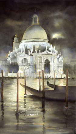 Watercolour painting. Twilight, Santa Maria Della Salute, Venice a Roman Catholic church and minor basilica by Eleanor Mann.