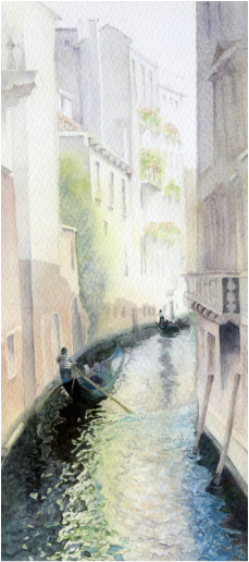 Gondolas along a side canal in Venice