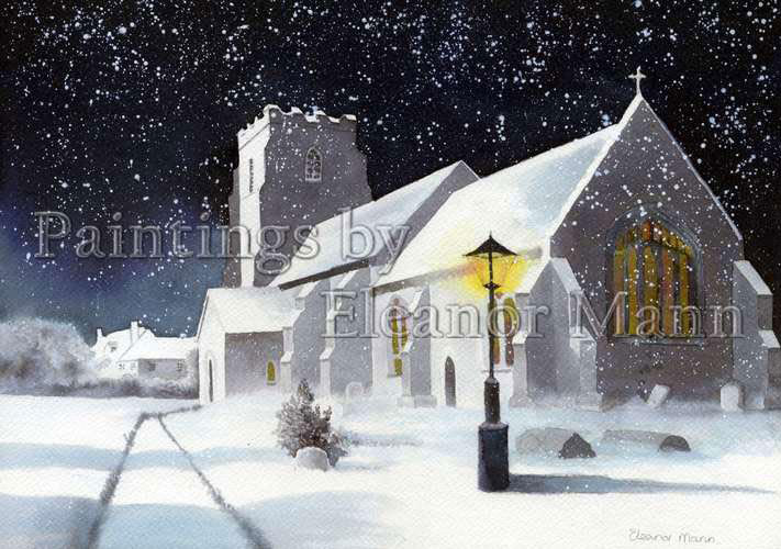 Church in Snow. A watercolour painting by Eleanor Mann
