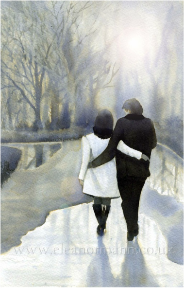 An original watercolour painting by artist Eleanor Mann. A close couple walking in Central Park.