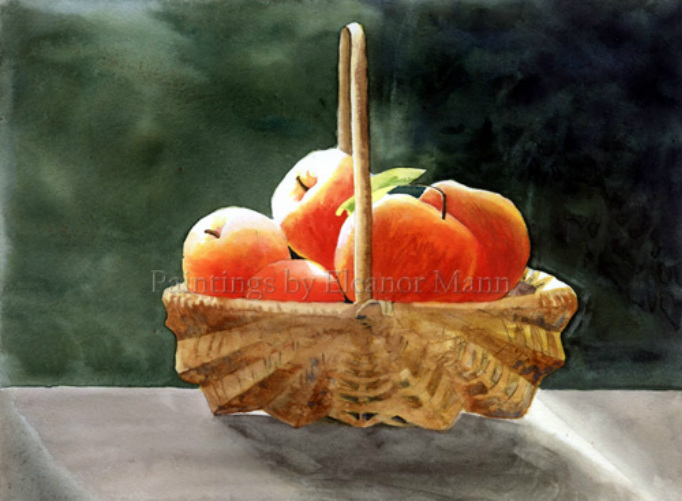 watercolour painting Apples in a basket by Eleanor Mann prints/cards available