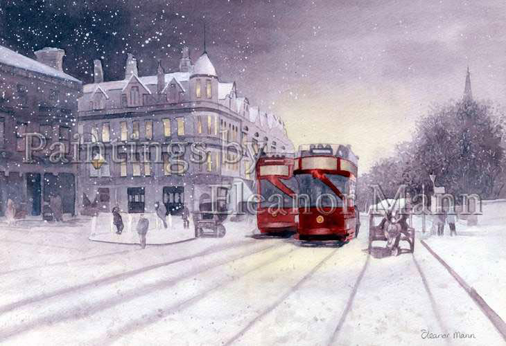 Brixton Hill, London. Cable Tram c1890. Original watercolour painting for sale of London Trams in snow by Eleanor Mann