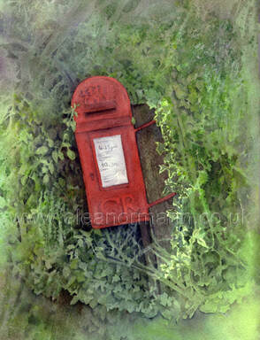 Watercolour painting The Post Box at Little Henny, Essex by Suffolk artist, Eleanor Mann
