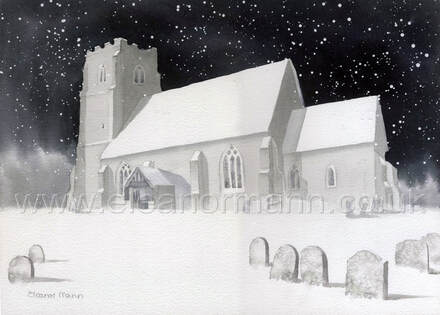 Original painting of a Winter church snow scene in watercolour by Suffolk artist Eleanor Mann For sale Belchamp Walter, Essex