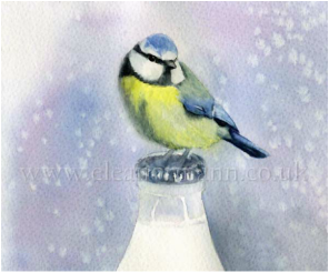 Little Thief is a watercolour painting of a Blue Tit on a milk bottle by artist Eleanor Mann