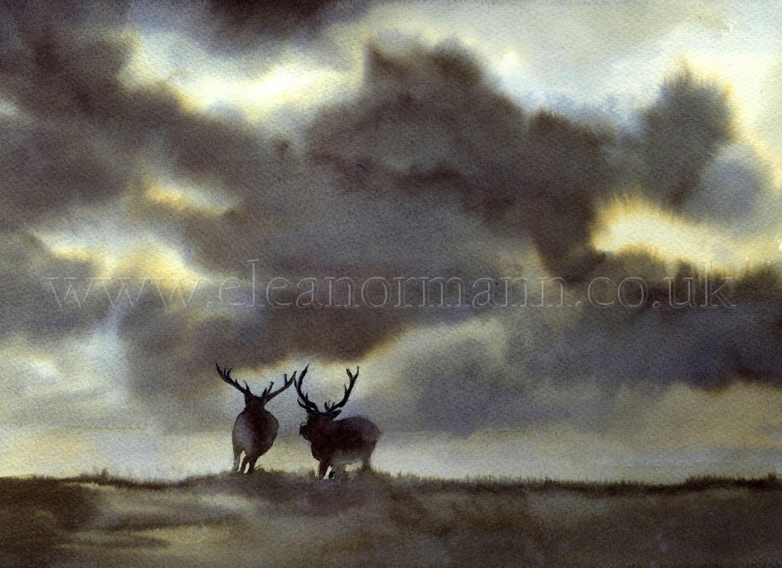 A watercolour painting of two stag deer rutting with a stormy sky as a backdrop by aretist, Eleanor Mann