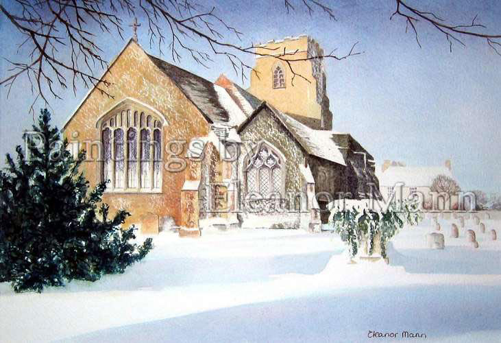 A watercolour painting by Eleanor Mann of a Church in snow. 