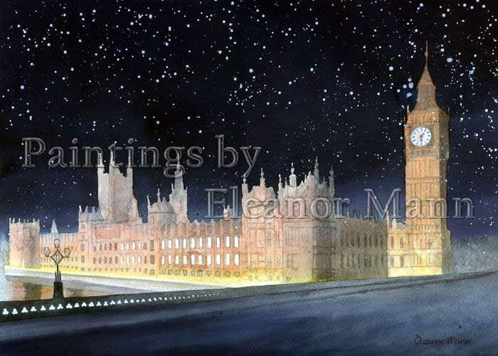 Watercolour painting of the Houses of Parliament at night by Eleanor Mann, artist.