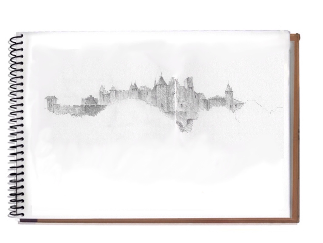The initial sketch for the painting Fireworks at Carcassonne, SW France by Eeanor Mann