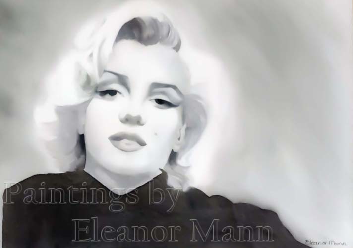 A black and white  watercolour portrait painting of Marilyn Monroe by Eleanor Mann