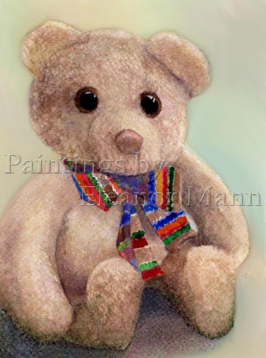 A watercolour painting of a teddy bear by Eleanor Mann. Available as prints/cards