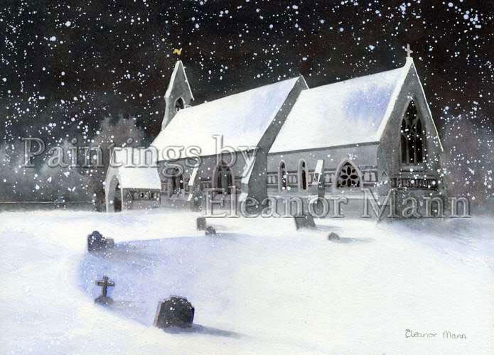 Twinstead Church in snow, watercolour painting by Eleanor Mann