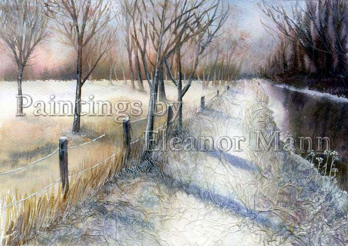 Winter scene in watercolour on handmade paper of the river in Clare,Suffolk by Eleanor Mann
