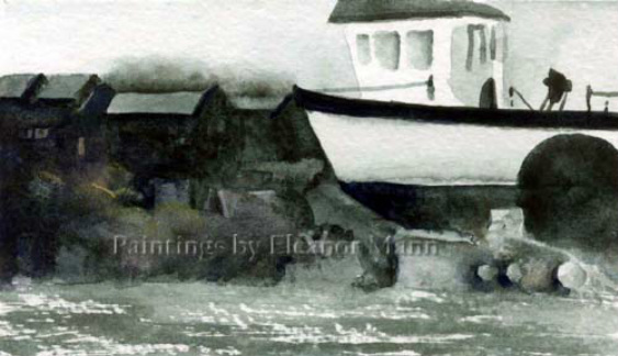 A small Watercolour of a Boatyard by Artist Eleanor Mann