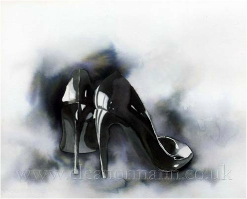 a watercolour painting of a pair of shoes by Kurt Geiger - painted by artist, Eleanor Mann