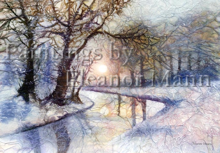 A watercolour painting on handmade paper of a frozen river by Eleanor Mann.