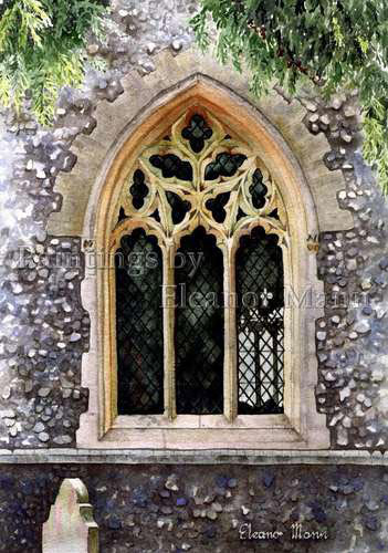 An original watercolour painting of a Chapel window in Sudbury by Eleanor Mann