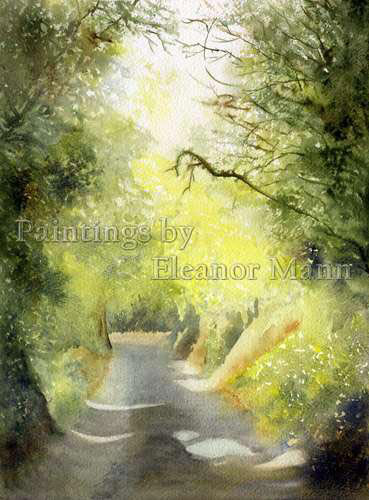 Sunlight and shadows. A watercolour painting of a lane in Sible Hedingham, Essex