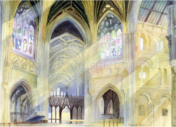 The Interior of Ely Cathedral demonstrating the use of lines to create a narrative, emotion, recession, depth, perspective in painting. Eleanor Mann, artist. Blog Spotlight on watercolour
