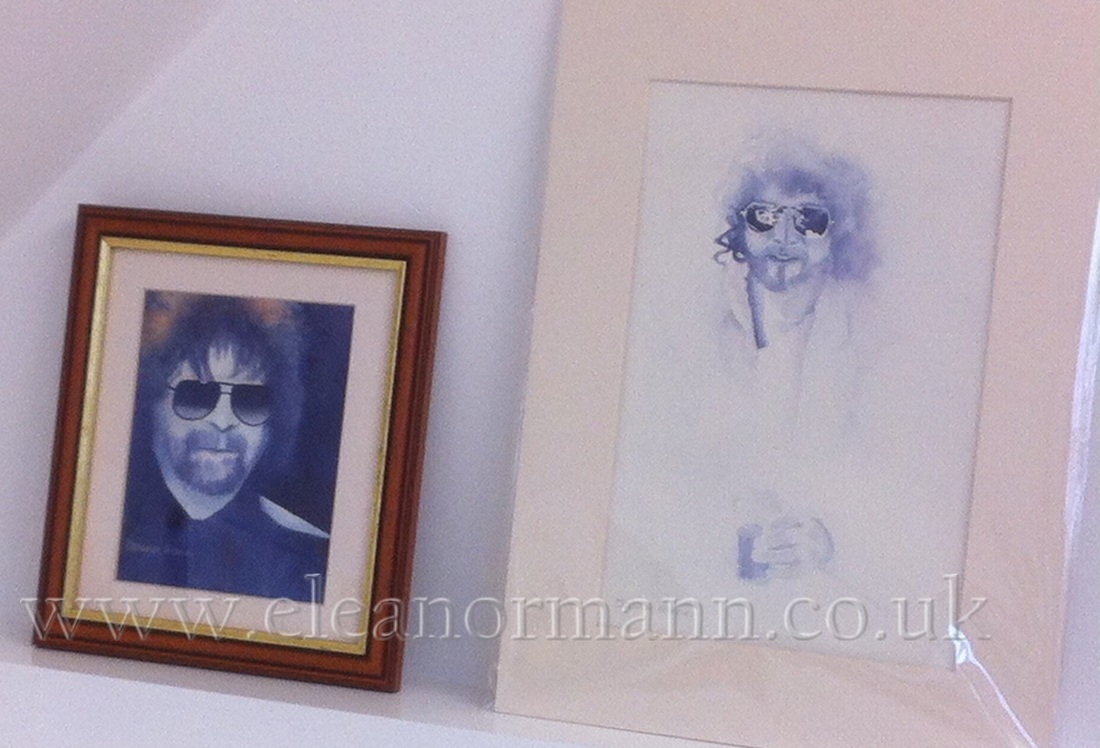 Original watercolour portrait paintings of Jeff Lynne of ELO, Electric Light Orchestra, and Lindsey Buckinghan of Fleetwood Mac, by Suffolk artist Eleanor Mann 