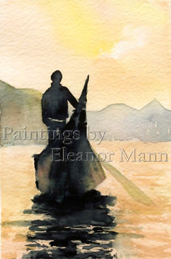 Gondolier in the Evening a tiny, original watercolour by Eleanor Mann for sale