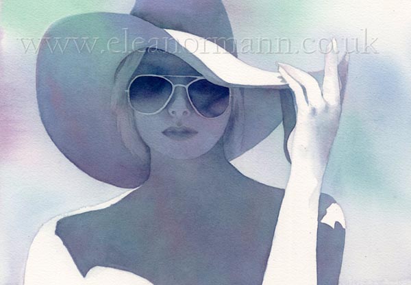 Summer an original watercolour portrait painting of a woman in a sun hat wearing sunglasses by Eleanor Mann