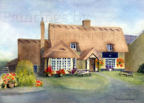 A watercolour picture of The Half Moon Public House, Belchamp St Paul by Eleanor Mann