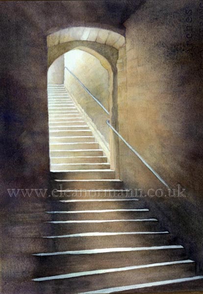 Watercolour painting of steps at Saint Hilaire Abbey near Carcassone in the Aude department of France by Eleanor Mann Art
