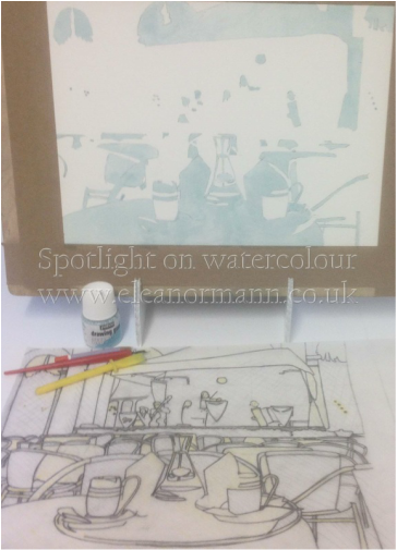 Masking showing the first stage of pouring watercolour by Eleanor Mann