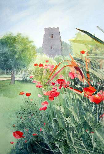 Poppies in a border a watercolour painting by Eleanor Mann