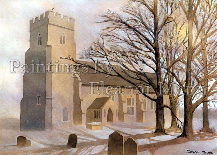 The church at Bulmer in sepia coloured watercolour by Eleanor Mann