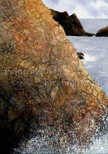 Rock Climber on Lundy Island. Watercolour/collage on handmade paper by Eleanor Mann.