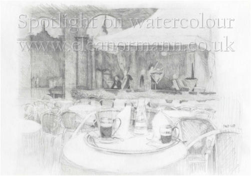 Pencil drawing showing the first stage of pouring watercolour by Eleanor Mann