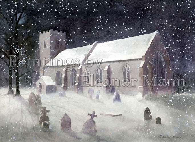 The Church at Bulmer in the snow a watercolour painting by Eleanor Mann