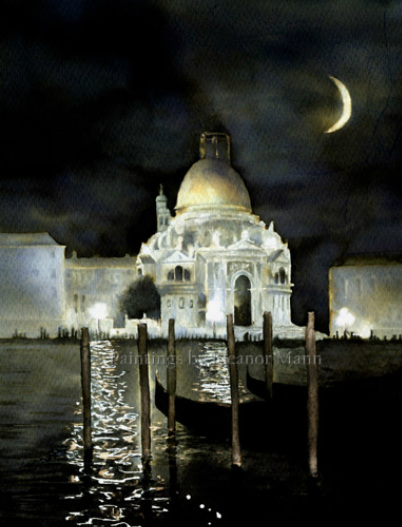 Watercolour painting. Moonlight Santa Maria Della Salute, Venice by Eleanor Mann