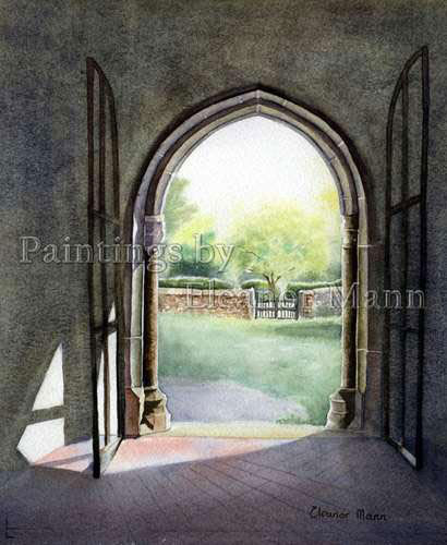Watercolour painting of the View from the church porch at Belchamp St Paul Eleanor Mann