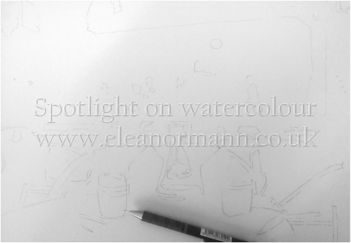 Pencil drawing showing the first stage of pouring watercolour by Eleanor Mann