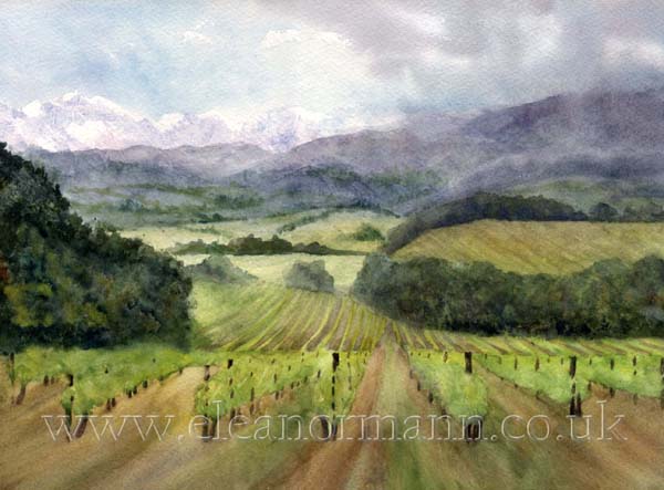 Journey to Saint Haliary in the Aude Department of South West France. An original watercolour by Eleanor Mann for sale