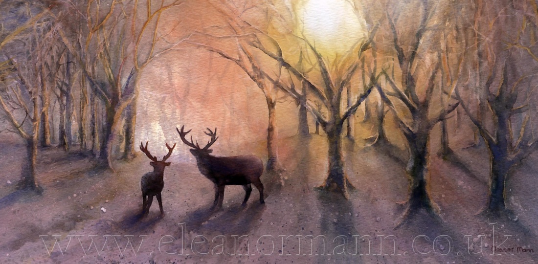 Original watercolour paintings of deer stags in a wood by Suffolk Artist Eleanor Mann Golden Light