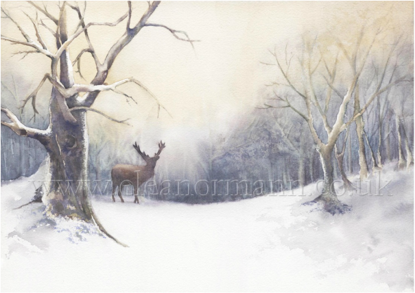 An original watercolour painting for sale of a stag deer in winter snow scene by artist, Eleanor Mann. 