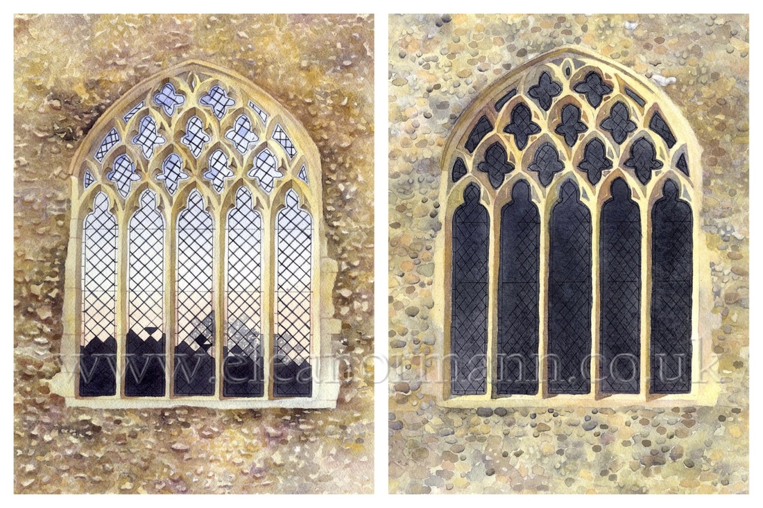 Two watercolour paintings of the same subject, a church window, by Suffolk Artist, Eleanor Mann