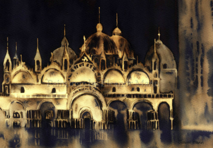 A watercolour painting of Saint Mark's Basilica in Venice by Artist Eleanor Mann.