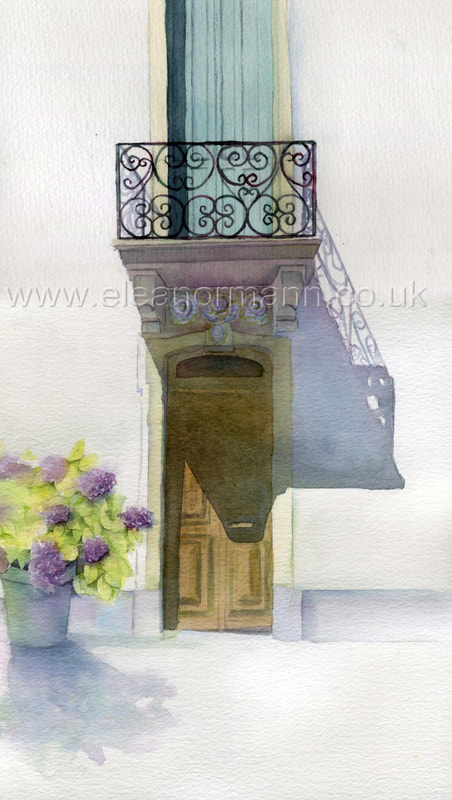 Original watercolour painting of a balcony in France by Suffolk artist Eleanor Mann