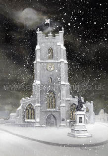 St Peter's Church in snow a watercolour painting by Sudbury artist Eleanor Mann