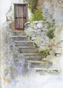 rural, retreat, steps, old doorway, building, watercolour, painting, paintings, Eleanor, Mann, art, artist, Suffolk, England