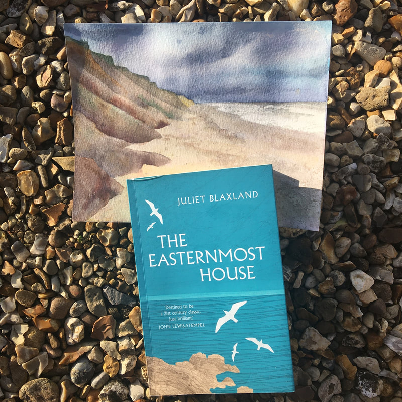 watercolour painting of the beach at Covehithe, Suffolk with book by Juliet Blaxland, The Easternmost House
