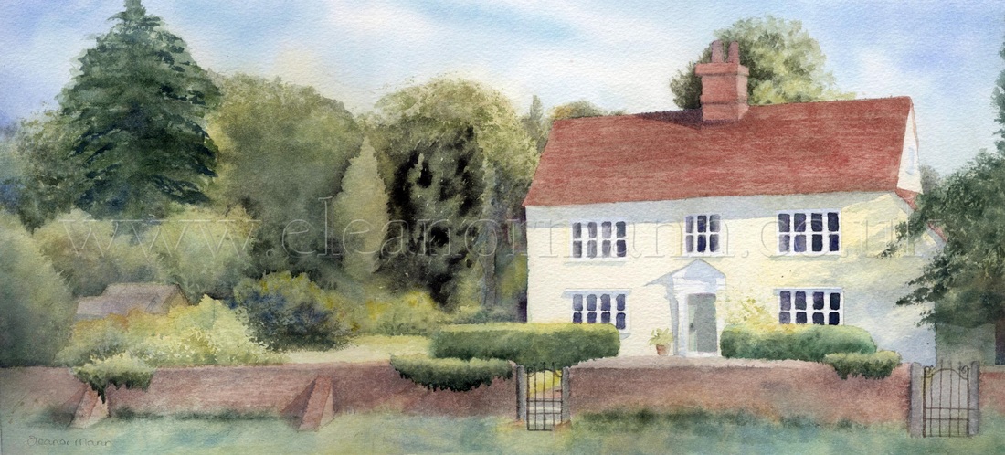 Commissioned watercolour of private house and garden painting by Suffolk Artist Eleanor Mann Belchamp St Paul 